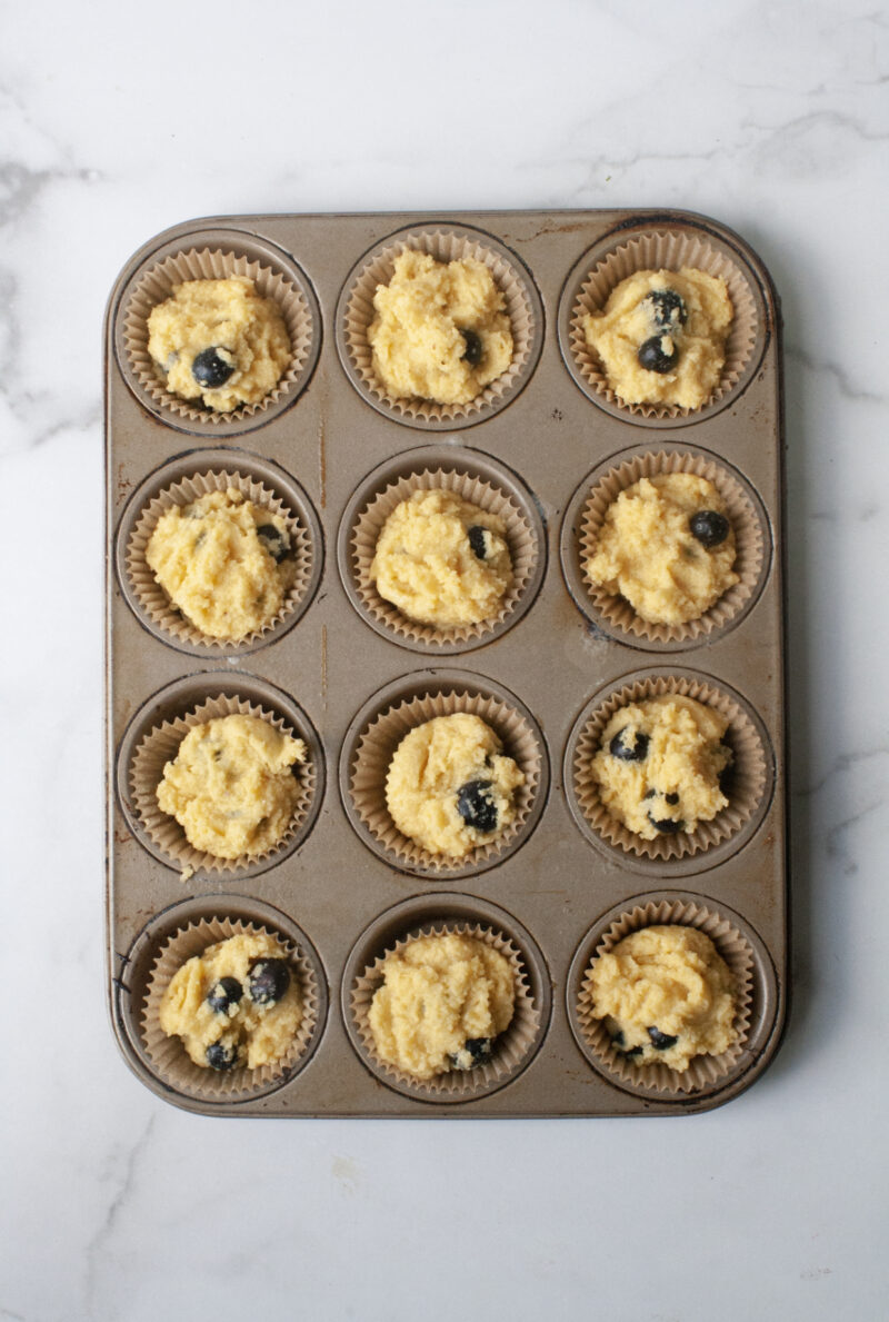 Pan with muffin batter.