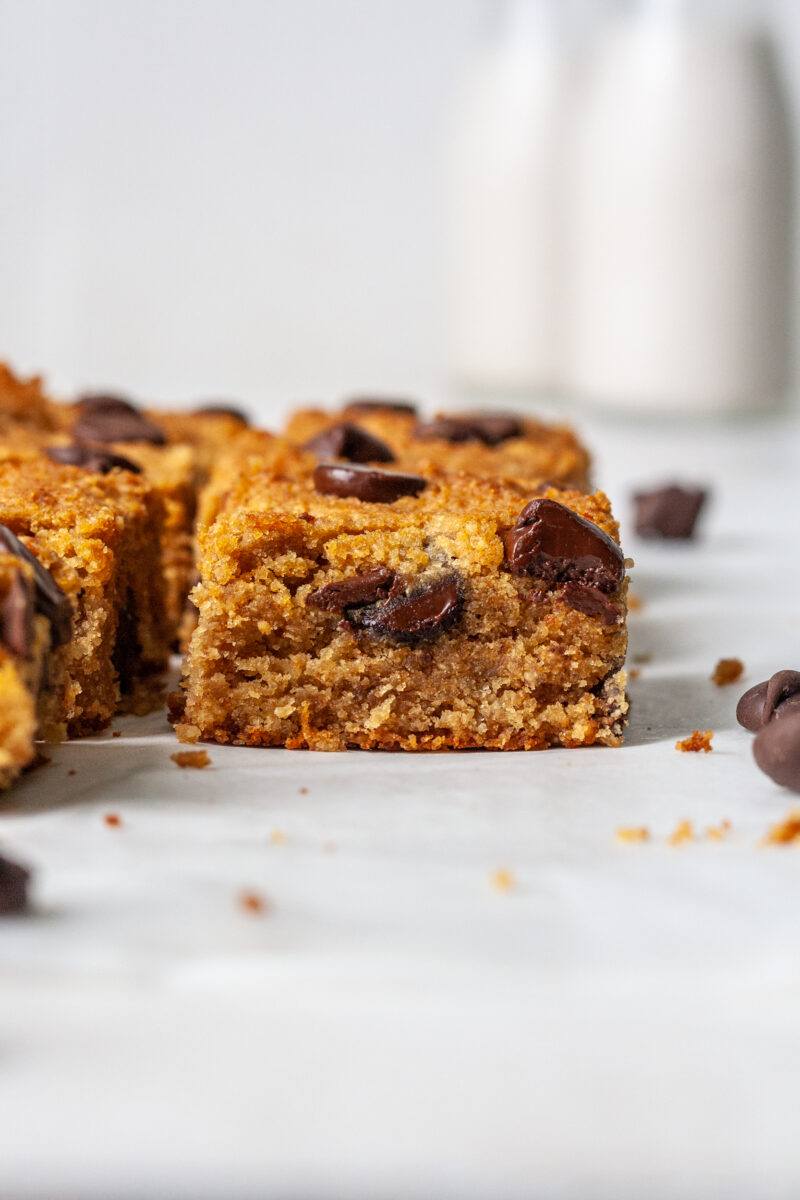 Close up of peanut butter blondie.