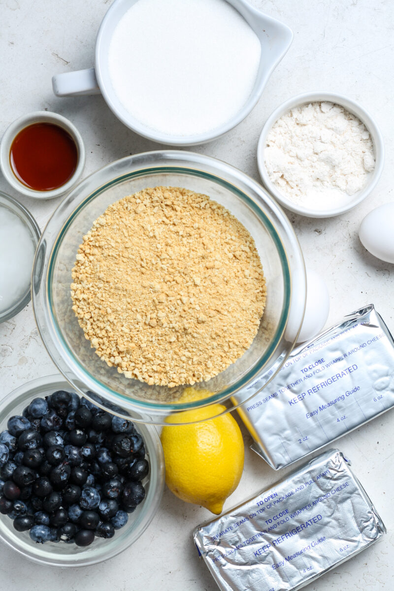 Ingredients for blueberry cheesecake bars.