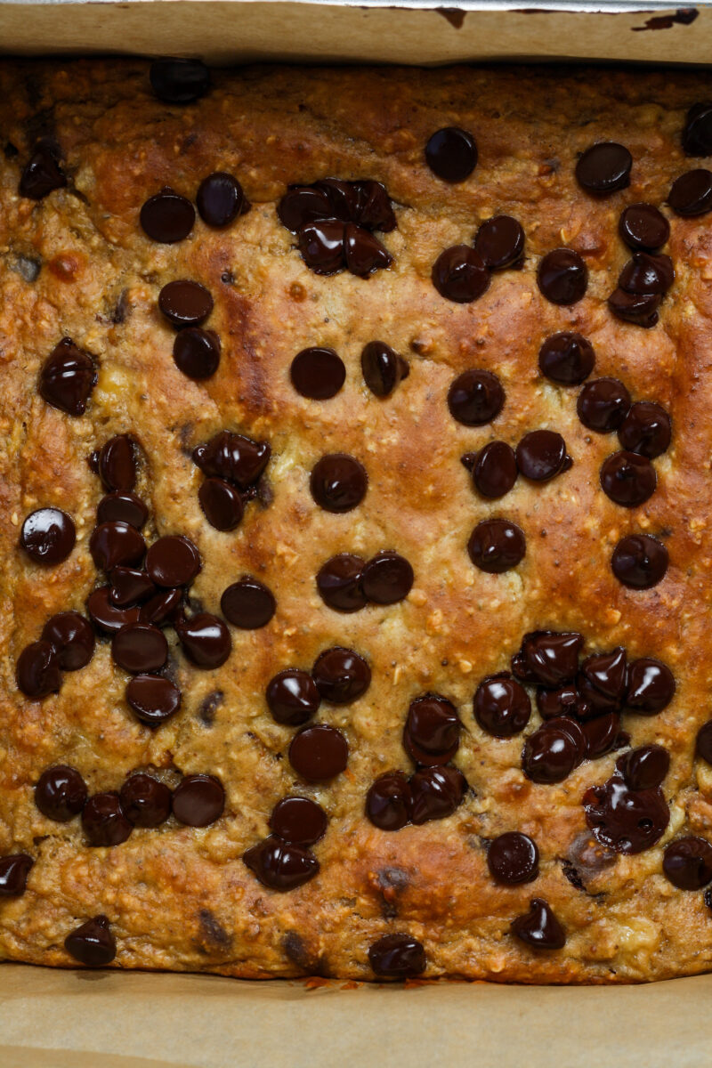 Baked banana bars in pan.