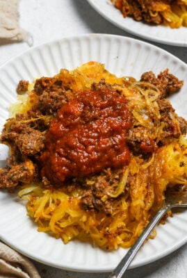 Spaghetti squash with meat sauce.