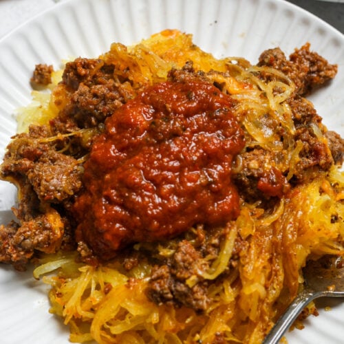 Spaghetti squash with meat sauce.