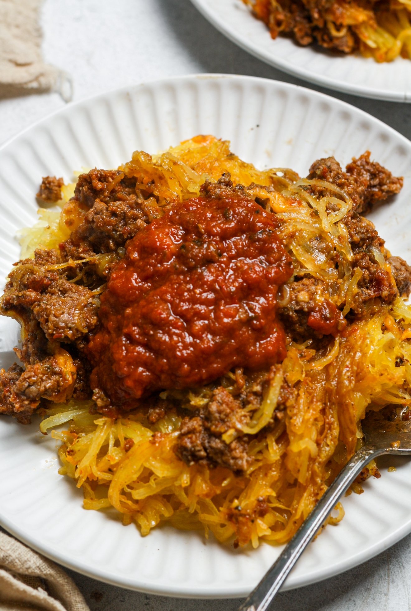 Spaghetti squash with meat sauce.