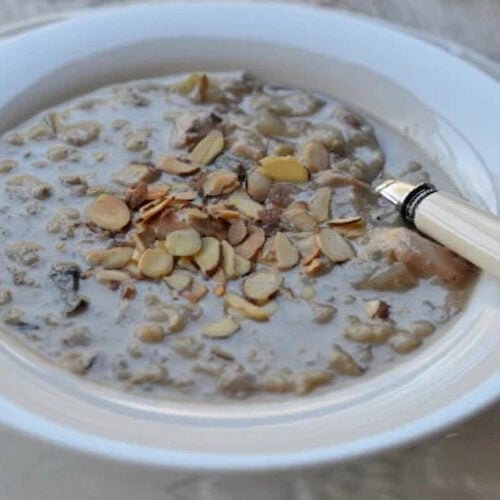 Chicken and wild rice in a white bowl with spoon.