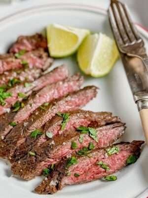 Medium rare sliced steak.