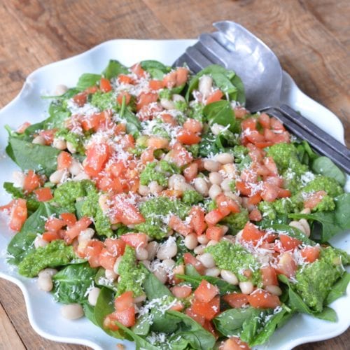 White bean spinach salad with pesto salad dressing
