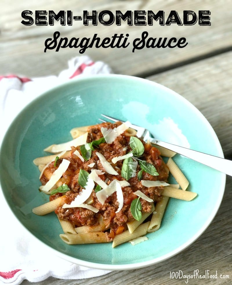 photo of Bowl of Semi-Homemade Spaghetti Sauce served over pasta topped with herbs and Parmesan cheese - dinners kids can make