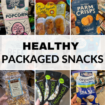 Collage of 12 healthy packaged snacks