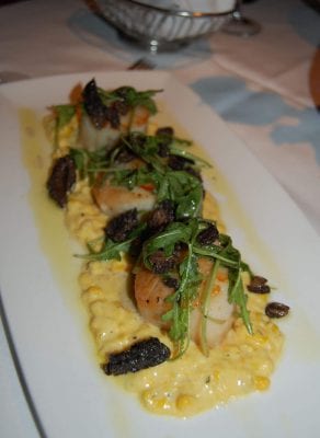 Sea scallops with sweet corn and wild mushrooms from Upstream in North Carolina. 