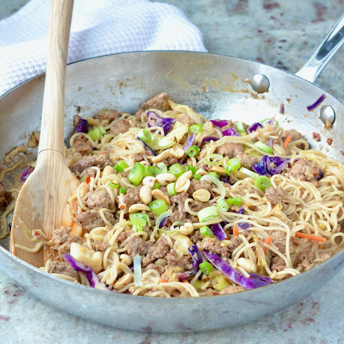 pork and vegetable lo mein in a large skillet.