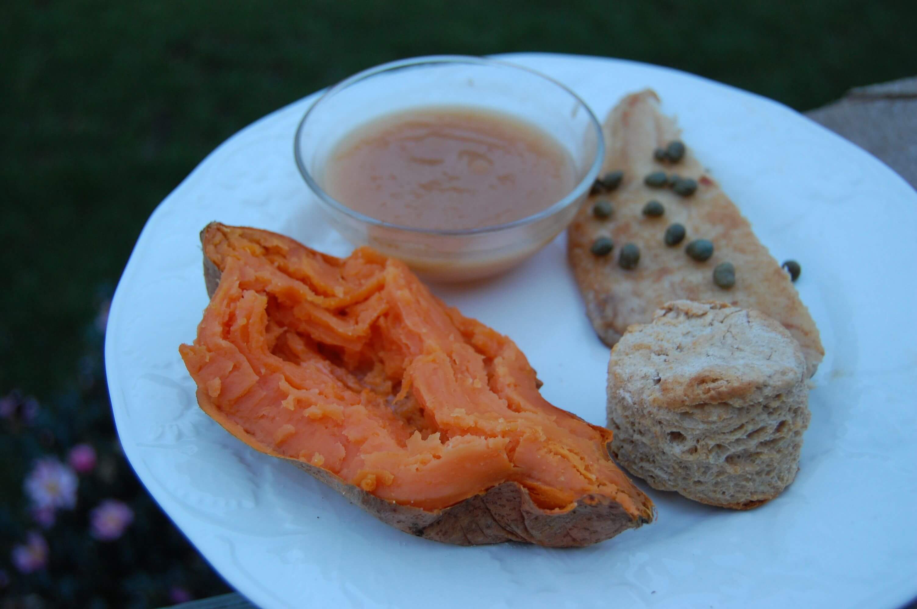 Sautéed flounder, baked sweet potato, applesauce, and a whole-wheat biscuit on a plate. 